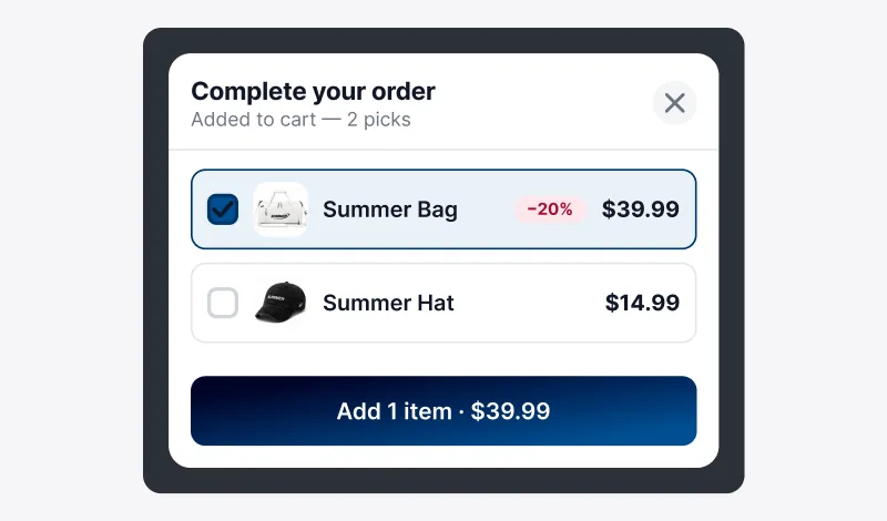 Cart add-ons popup offering last-chance extras before checkout