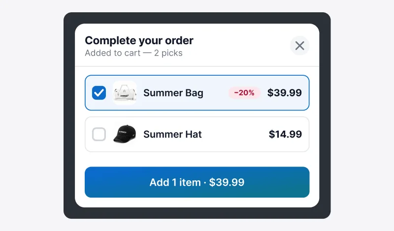 Cart FBT popup with checkboxes and a live total at checkout time