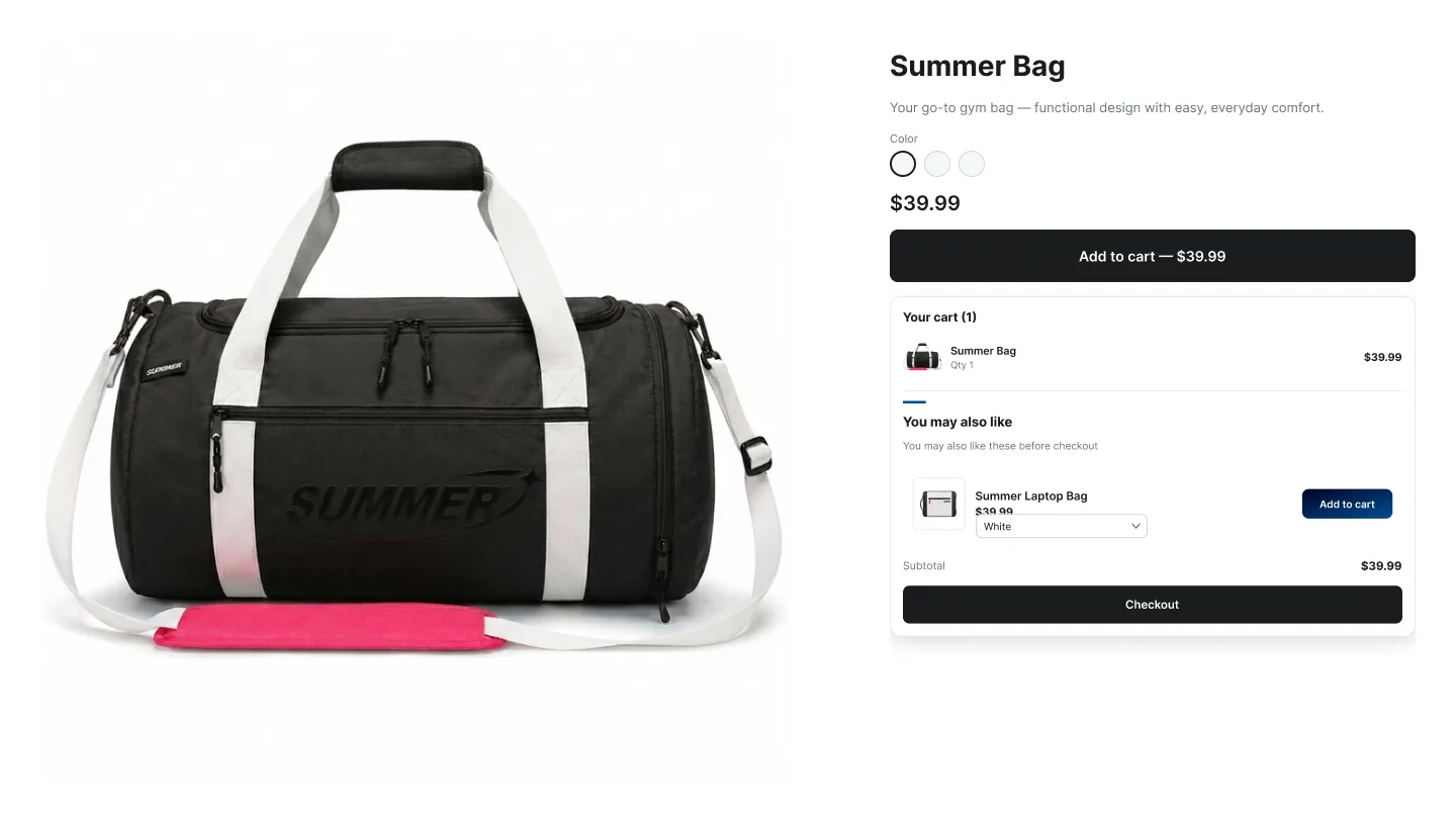 In-cart upsell recommendation shown inside the cart drawer between the line items and the checkout button