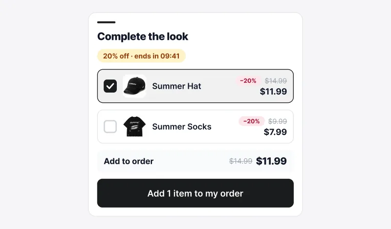 Post-purchase offer on the thank-you page with a discount countdown, product checkboxes, and an add-to-order button