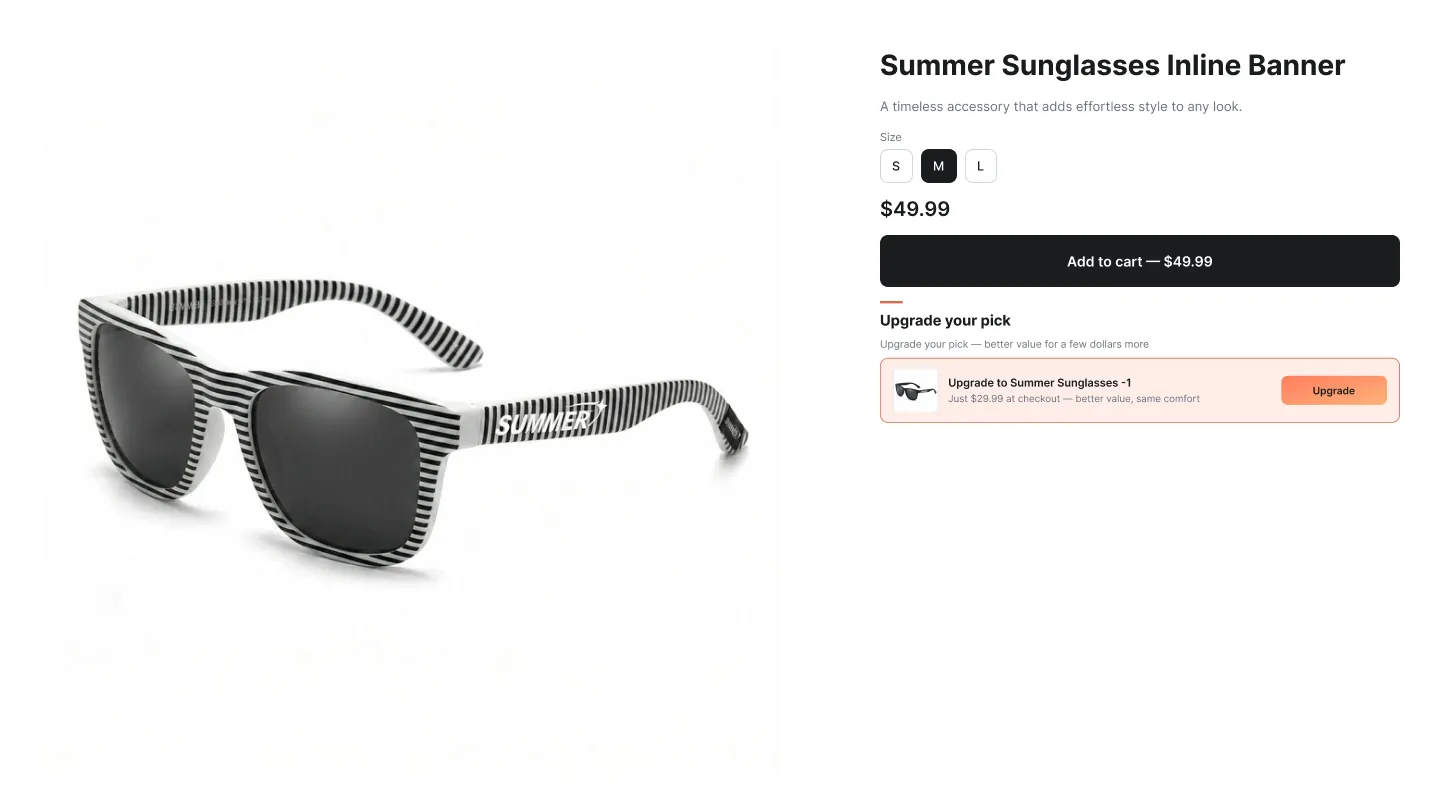 Slim inline upgrade banner above Add to cart