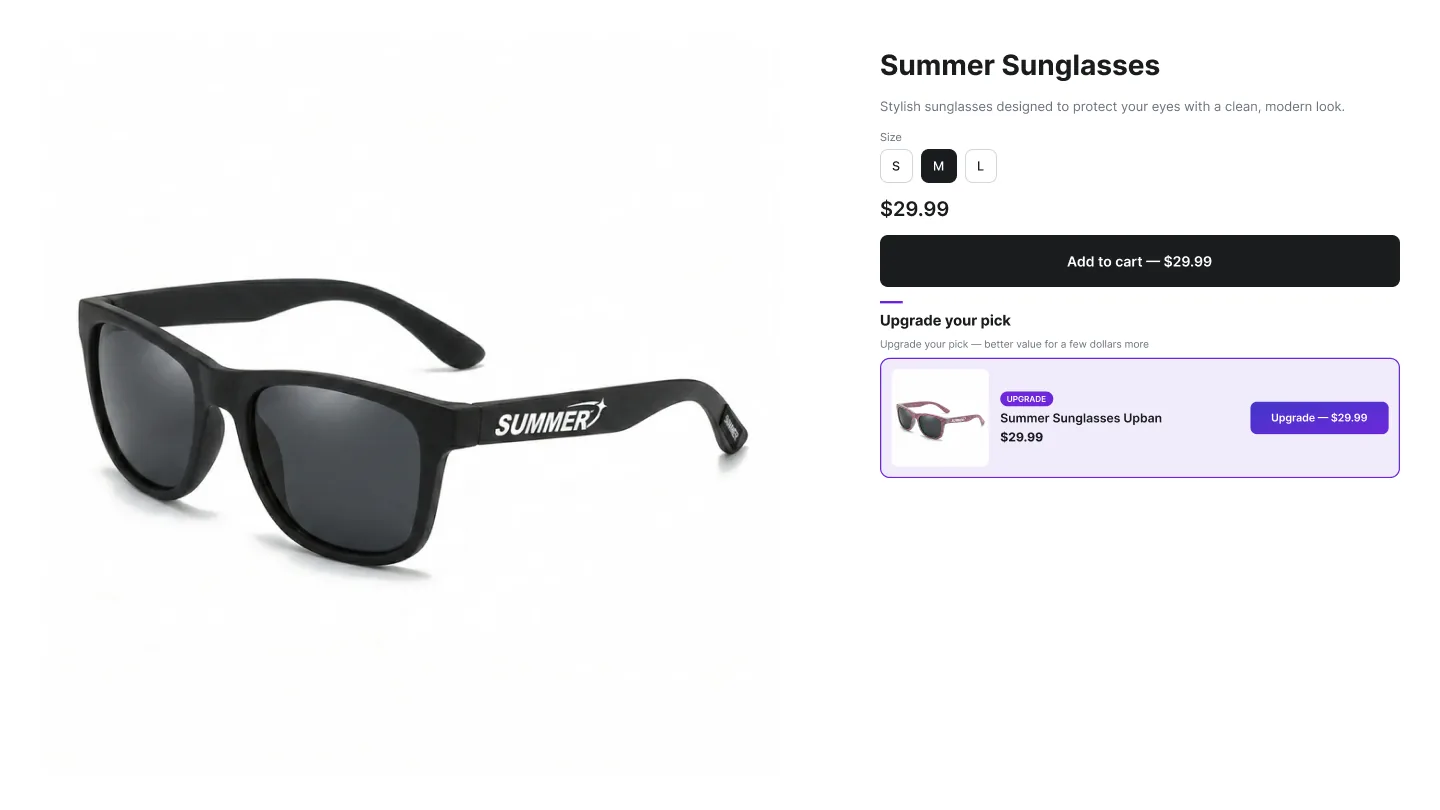 Single Upgrade upsell rendered under the buy button on a product page