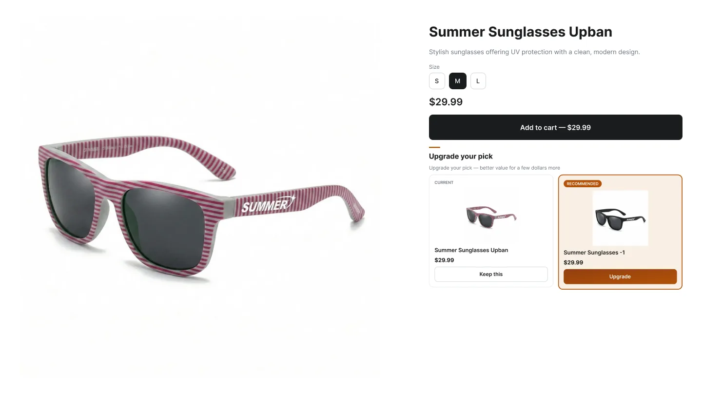 Tier Comparison upsell with radio-selectable tiers on a product page